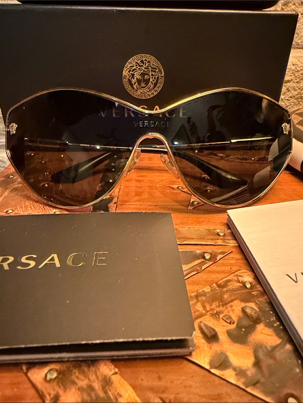 Versace Black Shield Sunglasses with Gold Trim ⭐️ GORGEOUS - Picture 3 of 13